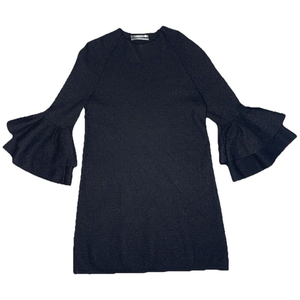 Anthropologie Claudette Sweater Dress SM Black Metallic Flutter Ruffle Sleeves